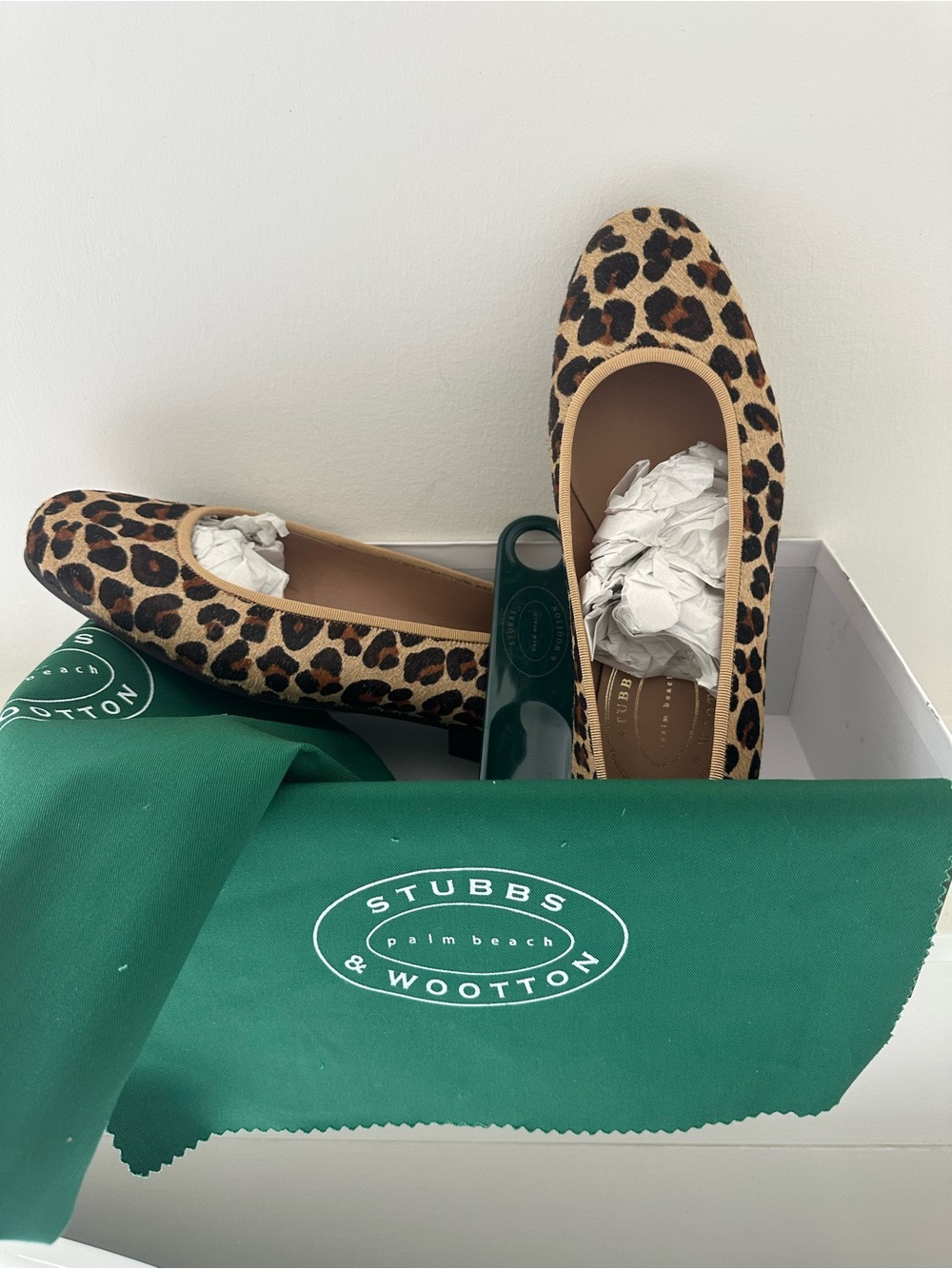 Stubbs & Wootton Leopard-Print Ballet Slippers in Tan and Black Calf Hair